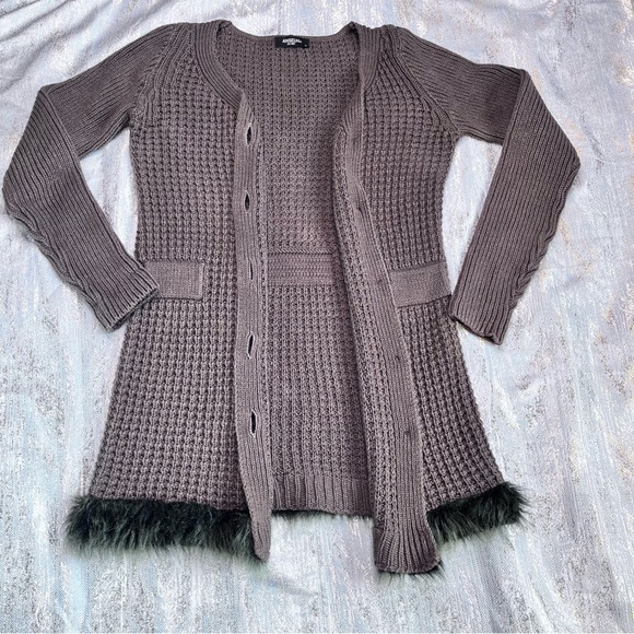 Anselmi Brown Button-Up Belted Women Sweater Medium Faux Fur Hem - Picture 11 of 16